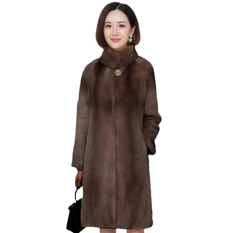 Autumn and Winter New Imitation Fur Coat Women's Medium and Long Imitation Mink Hair Mink Women's Clothing Thin Stand-up Collar Coat Medium and Old