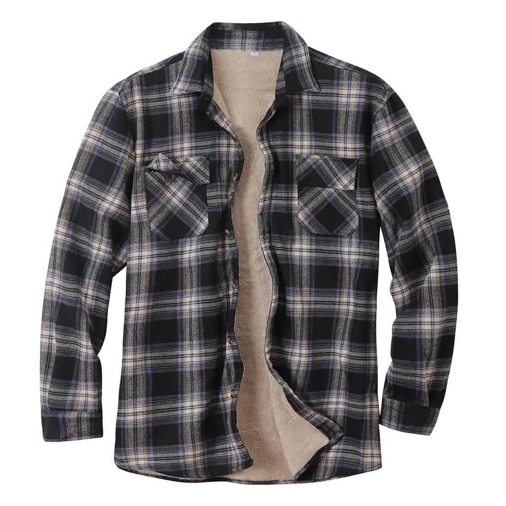 Men's Plush Casual Fashion Plaid Shirt Loose Lapel Long Sleeve Jacket