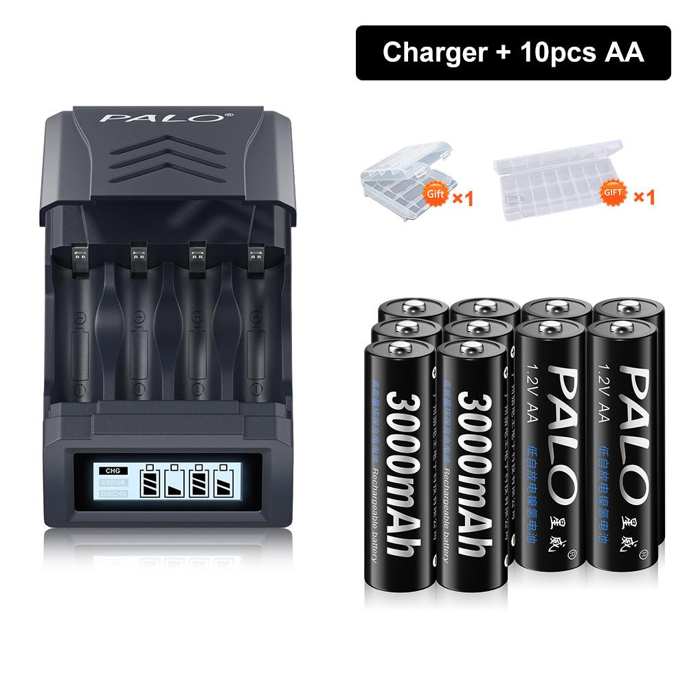 PALO 1.2V NI-MH AA 3000mah Rechargeable battery AA NIMH 2A  Batteries With 4 Slots LCD USB charger for 1.2V/1.5V AA AAA Battery
