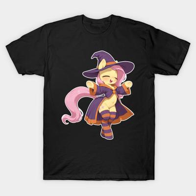 Men Black Print T-shirt Cute Witch Fluttershy No-Cut Heat Transfer Print Cotton Tshirt