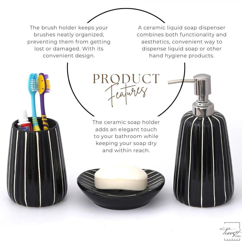 Premium Ceramic Bathroom Accessories Set of 3 | Modern Luxury Bath Set with 300ml Soap Dispenser, Toothbrush Holder & Soap Dish | Home Decor Items