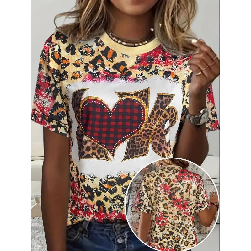 Heart Print Crew Neck T-Shirt For Women Casual Short Sleeve Leopard Love Tshirts Top Women's Ladies Valentine's Day T Shirt