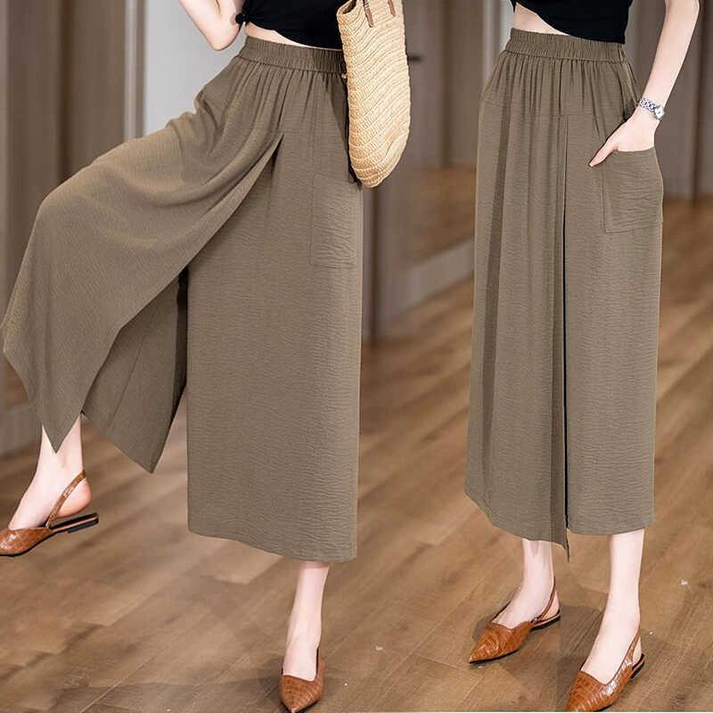 Women's Summer Loose Thin Casual Pants Design High Waisted 7 Points Commuter Wide Leg Pants