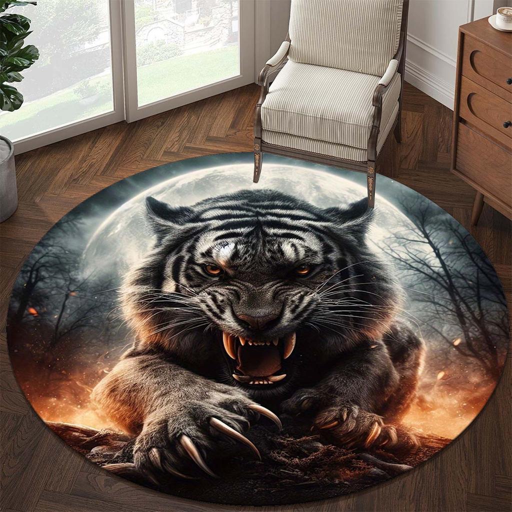 1pc Soft Tiger Round Area Rug - Non-slip, Washable Polyester Area Rug for Living Room, Bedroom, Kitchen and Bathroom