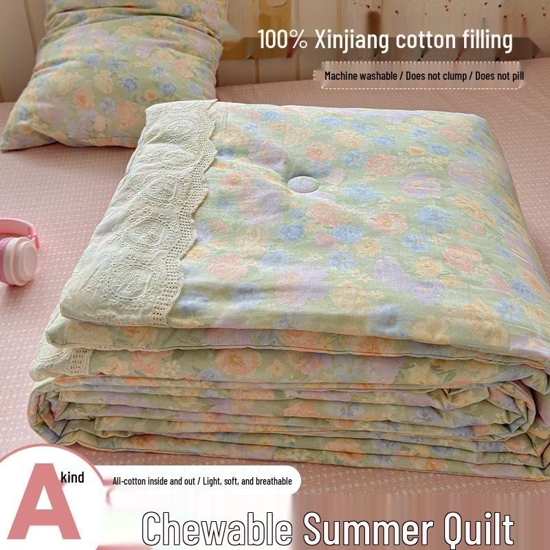 Pure Cotton Summer Quilt Set - 4 Pieces, Machine Washable, Ideal for Dorms