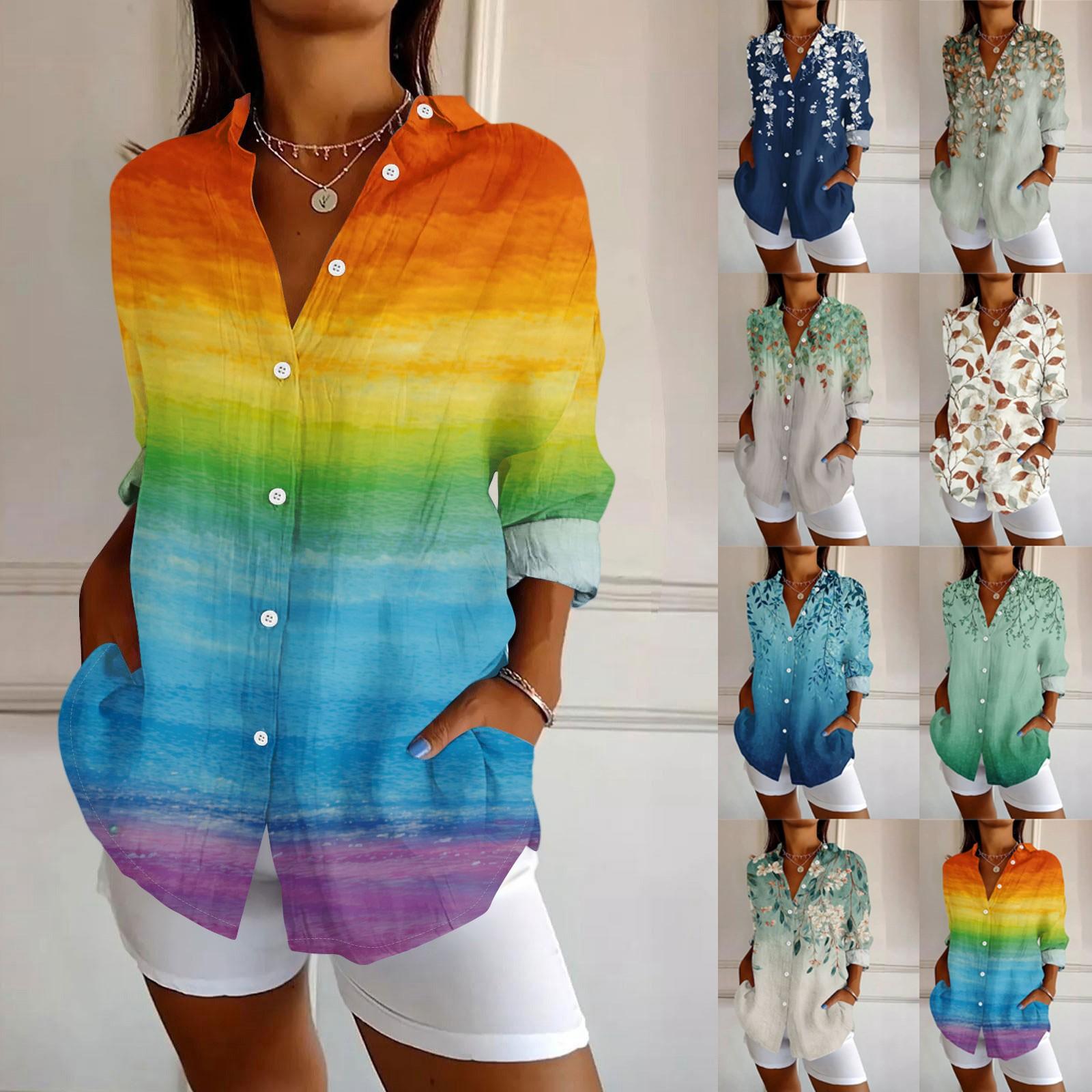 

Womens Button Down Shirt Long Sleeve Shirts For Women Print Graphic Blouse Top XXL