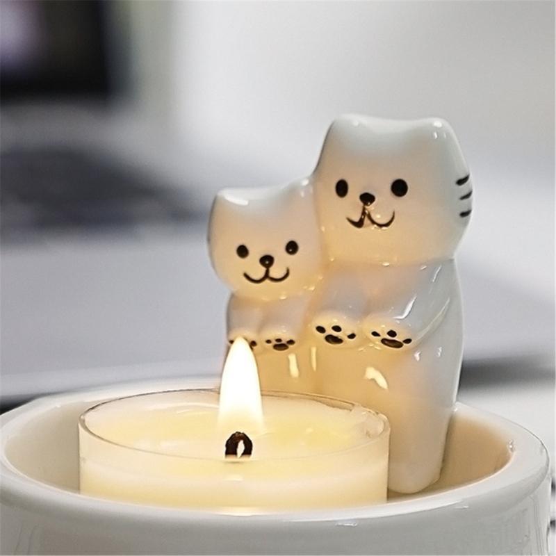 Cartoon Couple Cats Tealight Stand Ceramics Cats Holder Candlestick