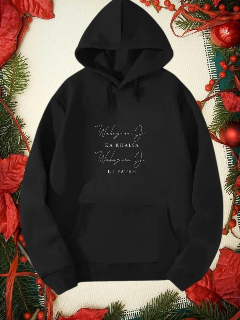 Sikh Religious Graphic Pullover Hoodie, Printed with "Waheguru Ji Ka Khalsa, Waheguru Ji Ki Fateh", Soft Cotton Blend Non-Fleece L