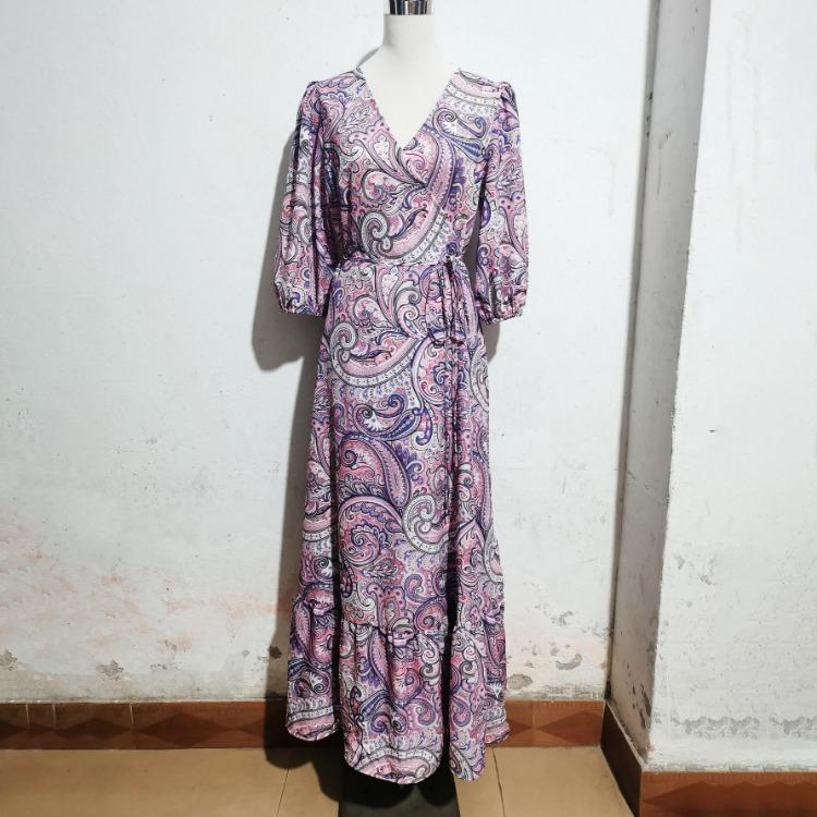 Summer Floral Print Women Dress V-Neck Casual A-Line High Waist Short Bubble Sleeve Straps Ankle-Length Slit Spring Dresses