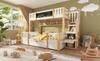 Litera para 3 Niños 90x200 y 140x200 Madera Maciza con Pizarra, Escalera de Almacenamiento, Cajones y Armario Escalera, Cama Juvenil, Blanco Natural
