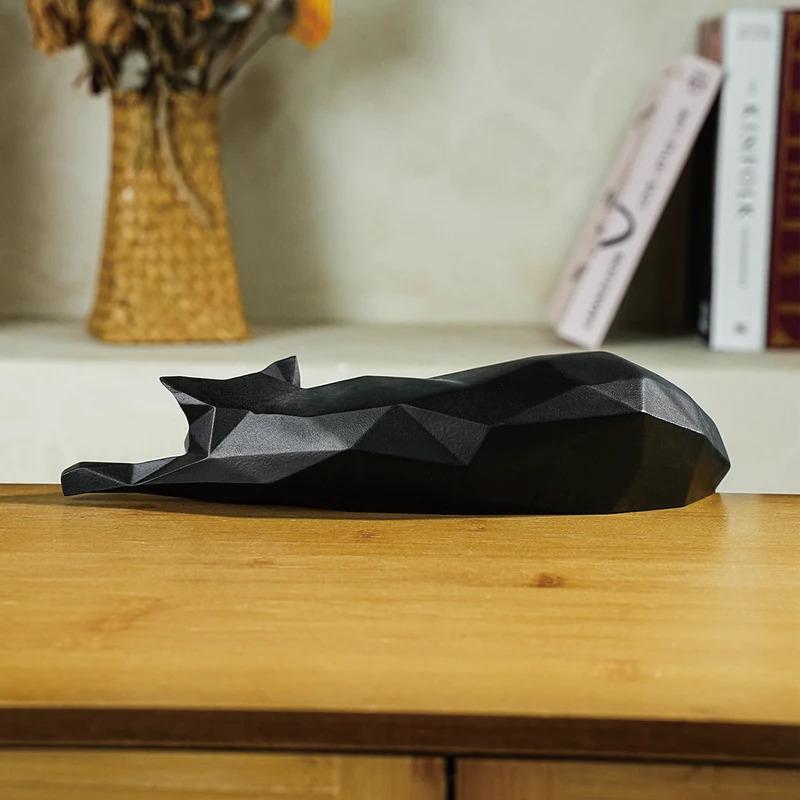 Geometric Black White Cat Statue, Modern Lying Cat Figurine Sculpture, Home Office Table Shelf Desk Decor, Cute Pet Lover Gift