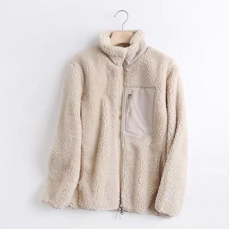 Autumn and Winter Women's Outerwear with Contrasting Fabric, Fine Edge Decoration, Zipper Cardigan, Casual Plush Jacket