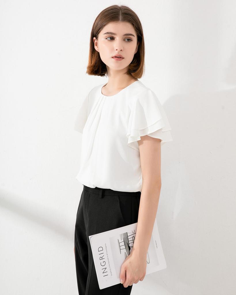 Short Flared Chiffon Cut and Body Loose Large M [YASHIGE] Blouse, Sleeve, Shirt, Women's Top, Washable, Georgette, Neat, Sewn, Lined, Commuting,