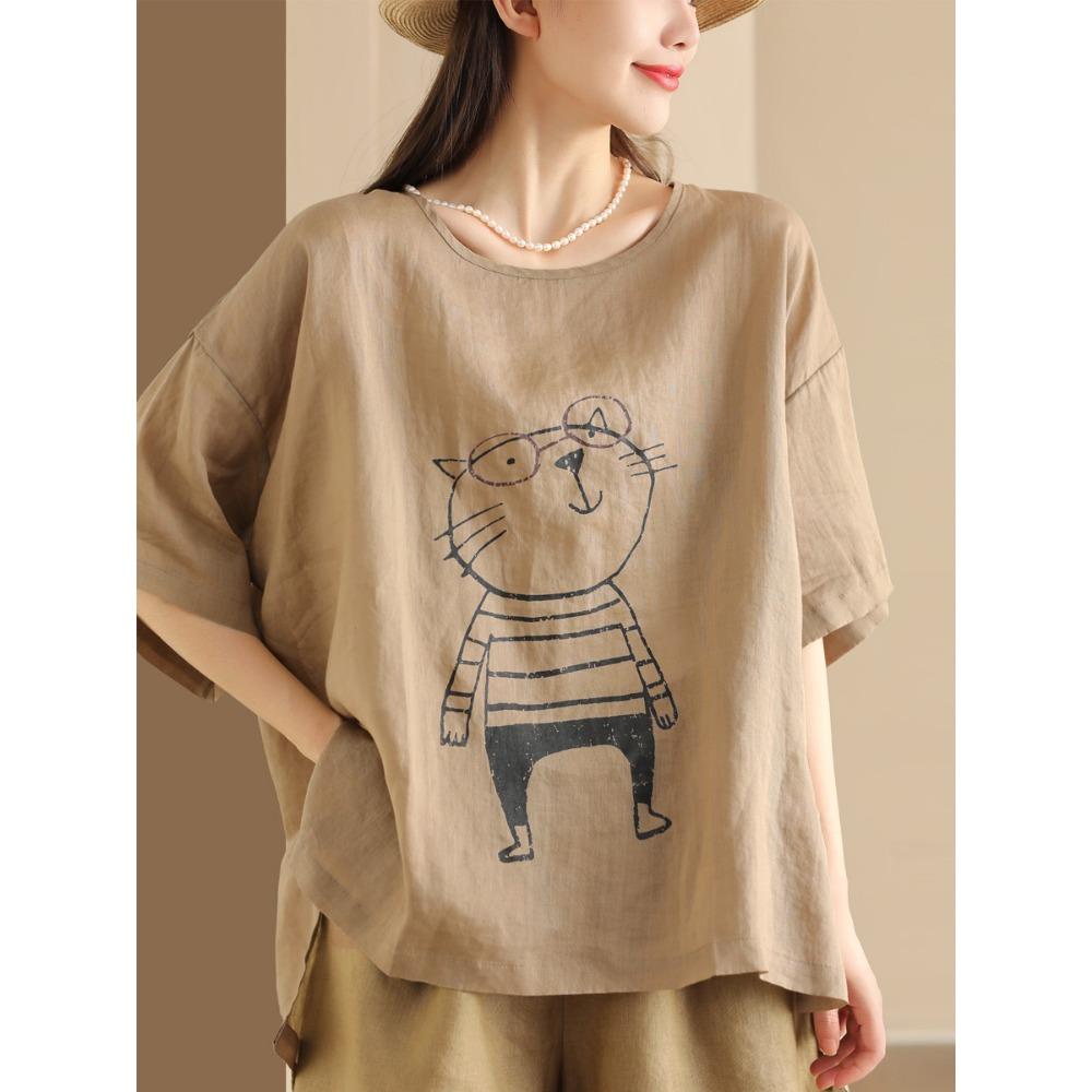 

DIMANAF 2025 Women Linen T-shirt Summer Shirt Blouse Short Sleeve Fashion Tops Tees Loose Tees New Blouse One Size дубильна кора