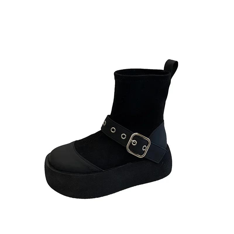 

Модные женские носки и ботинки Толстая подошва Пряжка Средний каблук Плоский верх Ботильоны до щиколотки Нескользящая резиновая подошва Замша Обувь на платформе 2024 40 чёрный