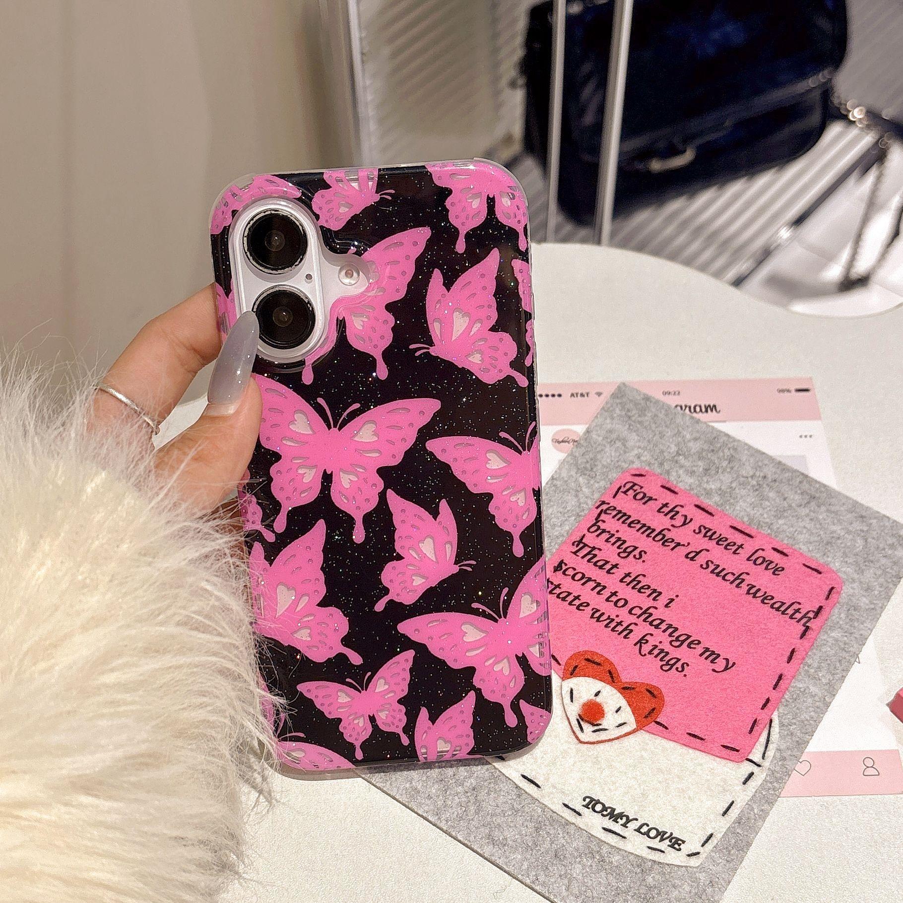 

Ins Style Glitter Butterfly Case for Apple 16 iPhone 17 Pro Max Double Layer IMD 15/14 Chain 17Pro max(without Packagi