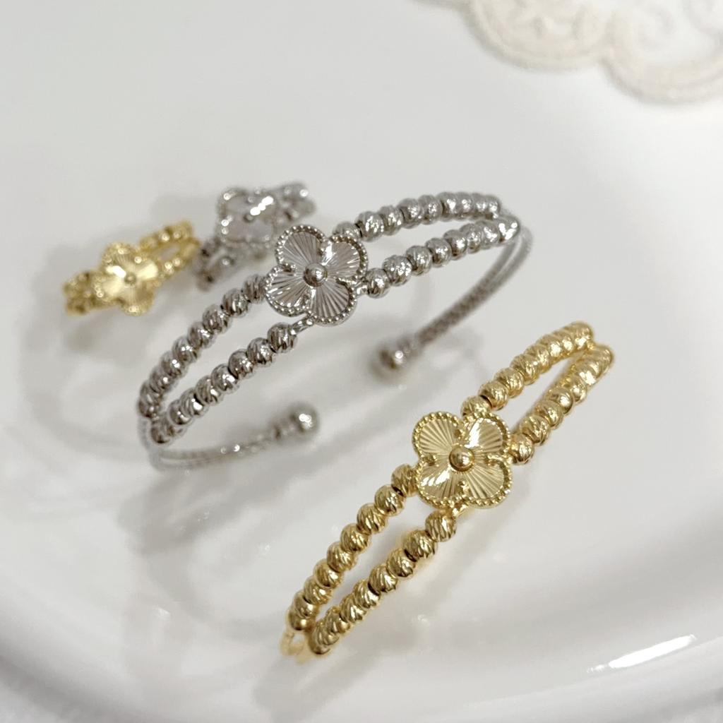 2PCS18K Gold Women's High-end Non Fading Jewelry Ins Four Leaf Clover Pure Copper Bracelet Ring Set