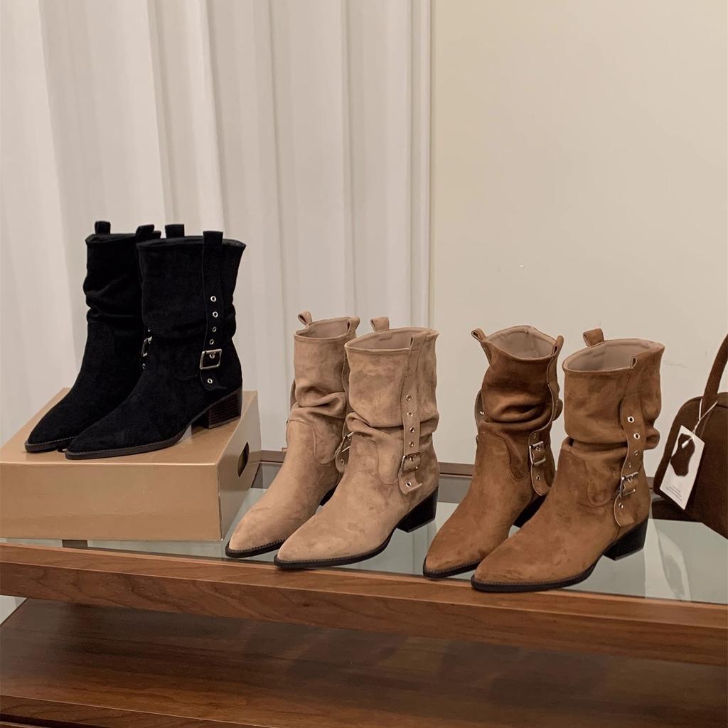 High Heel Pointed Skinny Suede Martin Boots Women's Boots 2025 Autumn and Winter Western Cowboy Medium Boots Pile Boots Short Boots