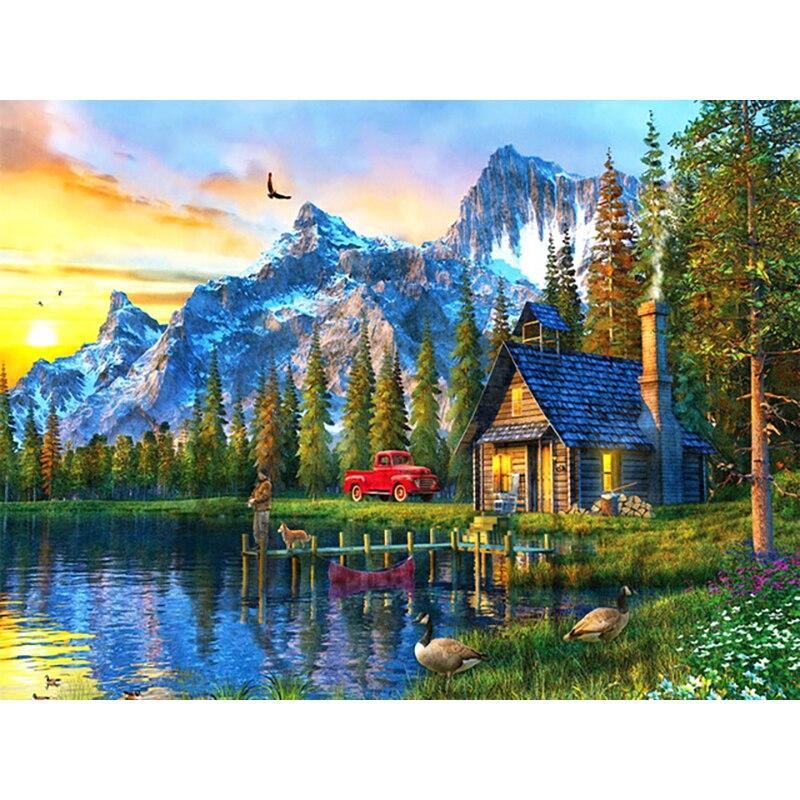 Noua pictură cu diamant 5D bricolaj, peisaj, broderie cu diamant, sat, punct de cruce, burghiu rotund complet, decorarea casei, cadou de artă manuală