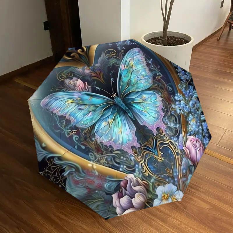 1pc Butterfly Heart Floral Artwork Umbrella with Plastic Handle,Suitable for All Seasons Home Travel Outdoor UmbrellaDD164