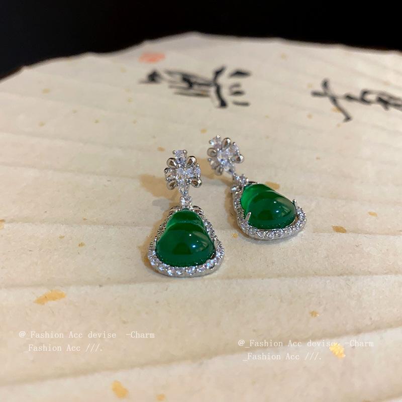 Silver needle emerald gourd zircon stud earrings niche temperament Chinese style earrings Guochao light luxury high-end earrings women