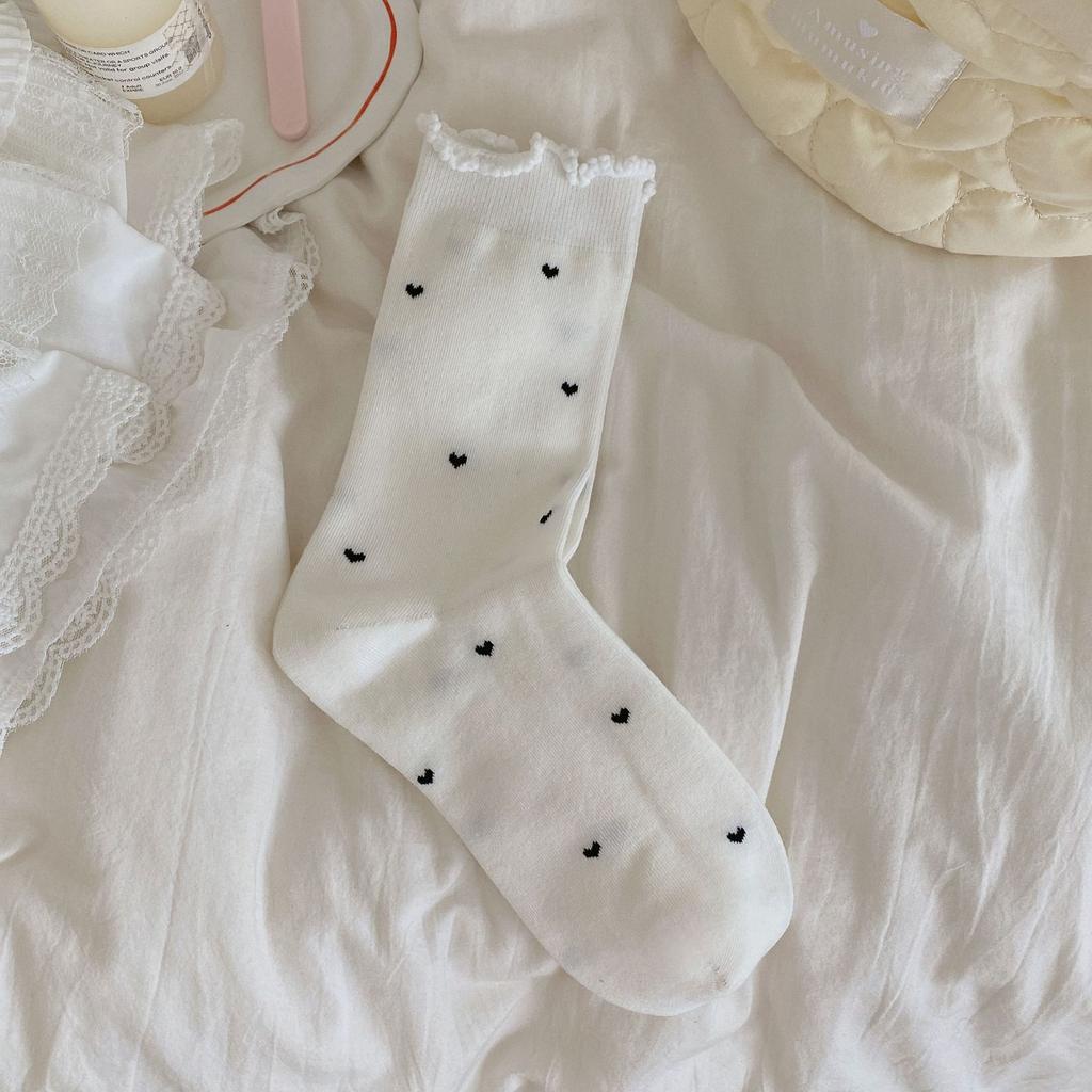 Ladies Autumn and Winter Leisure Simple All Purpose Pure Cotton Pure Color Love Hemp Lace in The Tube Pile Socks