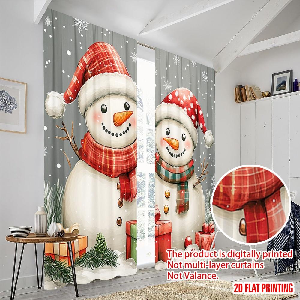2pcs,2D Plane Printing Minimalist Curtains Cute Snowmen Christmas Presents_a Versatile Fabric (without Rod) Outdoor Decorations