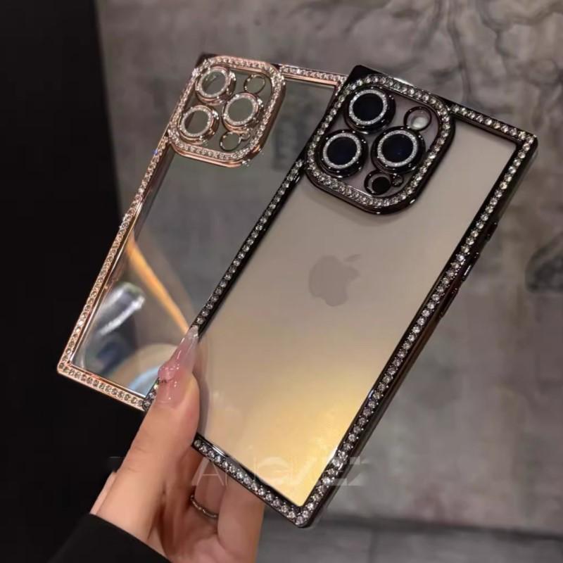Luxury Plating Diamond Rhinestone Case for iPhone 16 15 14 Plus 13 Pro Max Bling Glitter Square Soft Clear Silicone Bumper Cover