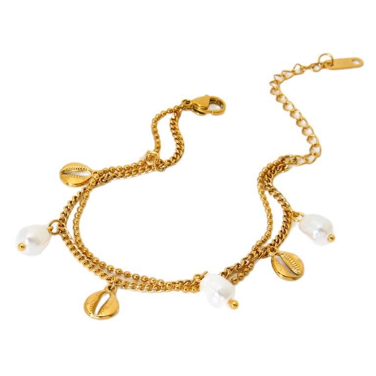18K Gold Plated Pearl Seashell Tassel Bracelet: European & American Ocean Style, Stainless Steel, Versatile Hand Jewelry