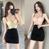 Sexy New V-neck Tight Waist Low Chest Hollow Kink Suspender Dress Waist Contrasting Hip Skirt