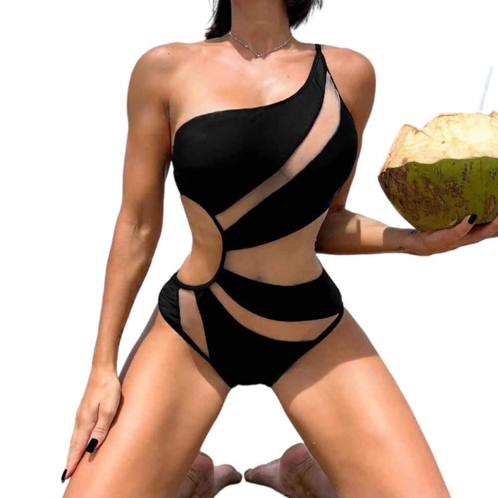 Women One-Piece Swimsuit One-shoulder Mesh Hollow Out Spliced Bathing Suit Beachwear Black White Bikini Swimwear S чёрный