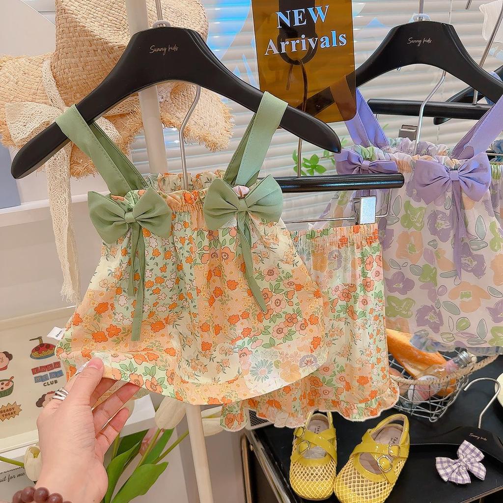 Girls' Summer Bow Strap Dress & Shorts Set - Stylish Vacation Outfit