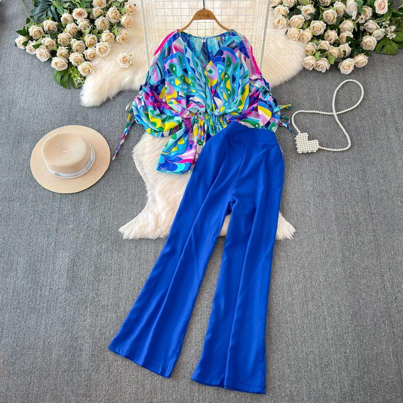 Fashion Short Sleeve V Neck Waist-Tight Straight-leg Fashion Suit