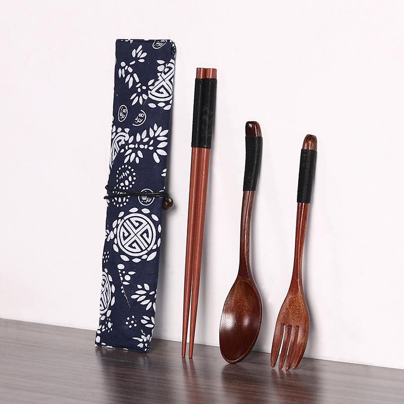 Japanese Style Portable Cutlery Set: Wooden Chopsticks, Fork, Spoon with Binding Wire and Cloth Bag for Outdoor Travel