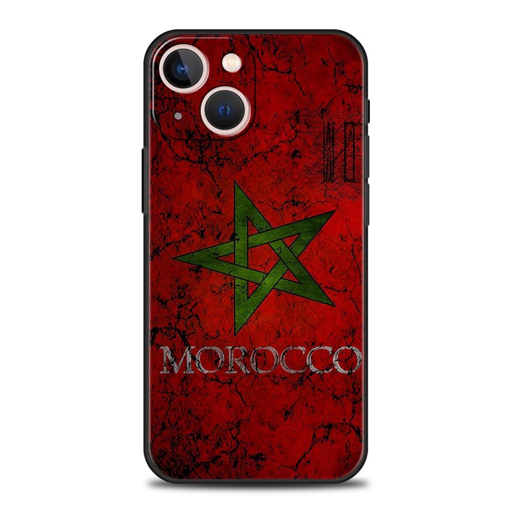 Morocco Flag Soccer Luxury Protection Soft Phone Case For iPhone 13 15 14 12 11 Pro MAX XR X SE XS 7 8 Plus Black Full Cover