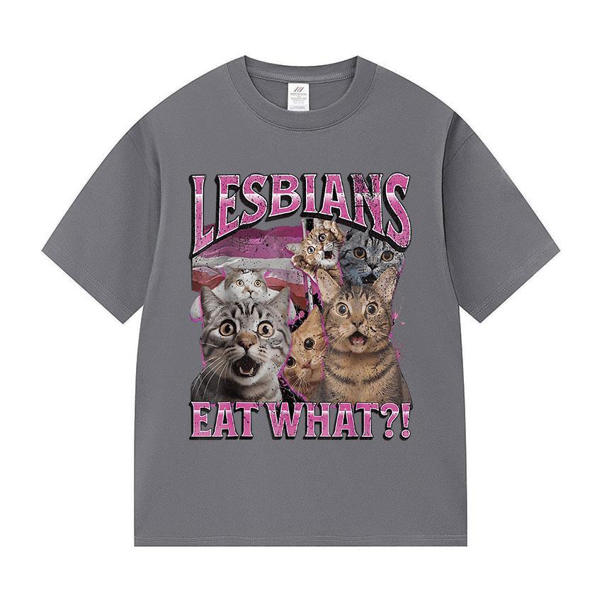 Vintage Lesbians Eat What Funny Cat Meme T Shirts Men Women Aesthetic Fashion Short Sleeve T-shirt Summer Oversized Cotton Tees