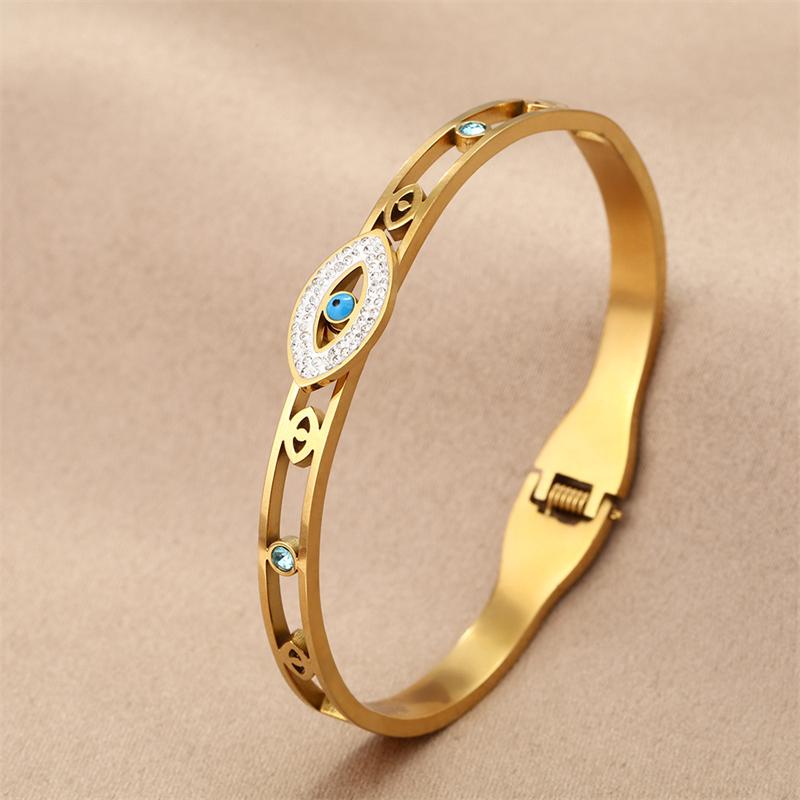 Stainless Steel Turkish Lucky Evil Eyes Open Bracelet For Women Gold Plated Crystal Zircon Open Bangle Party Waterproof Jewelry