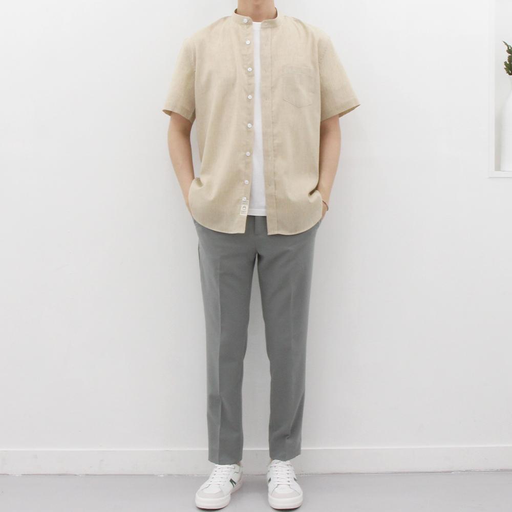 The Shirt Studio Beige Short Sleeve Loose Fit Linen Blend Mandarin Collar Shirt 110