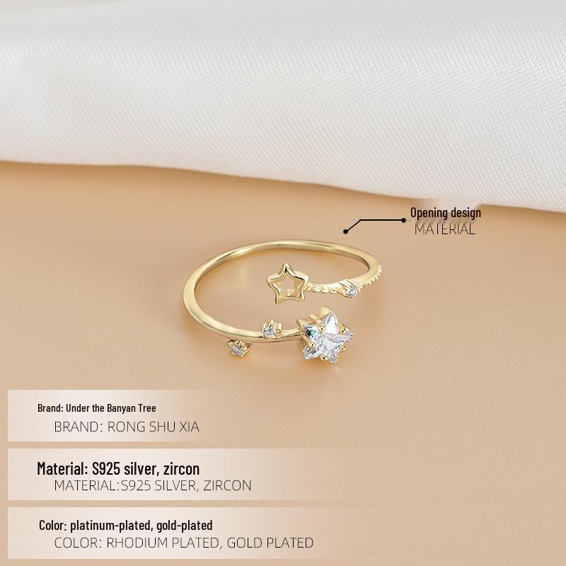

Banyan Tree S925 Silver Star Zircon Ring - Women s Luxury Hollow Design Adjustable