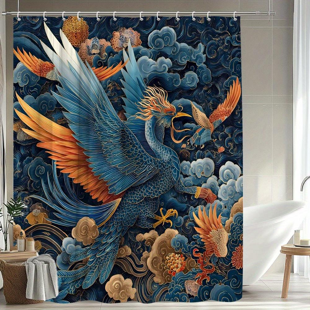1pc Phoenix Shower Curtain Elegant Traditional Chinese Style Dynamic Design Bathroom Decor Polyester Fabric with 12 Hooks