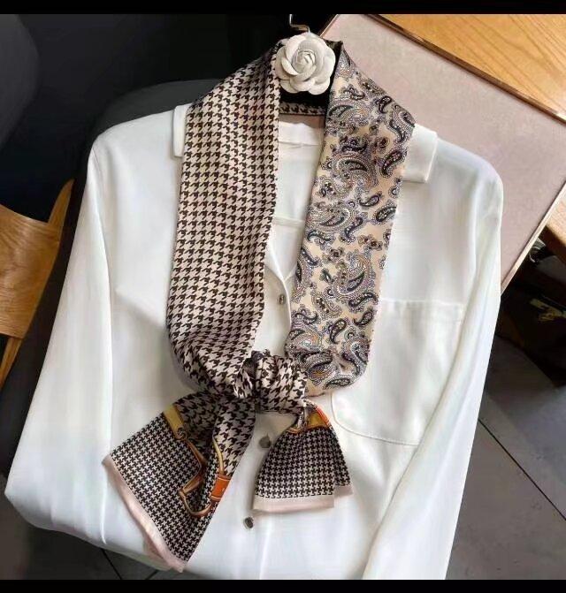 Fresh Polka Dot Print Silk Scarf Women'S Chiffon Satin Double Layer Neck Scarf Bag Handle Bow Tie Hair Band Fashion Accessory