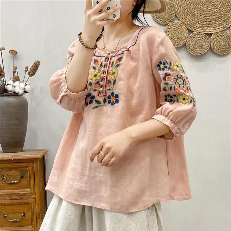 Women SummerEthnic Style Embroidery Seven Quarter Sleeve Loose T-shirt Retro Leisure Artistic Top
