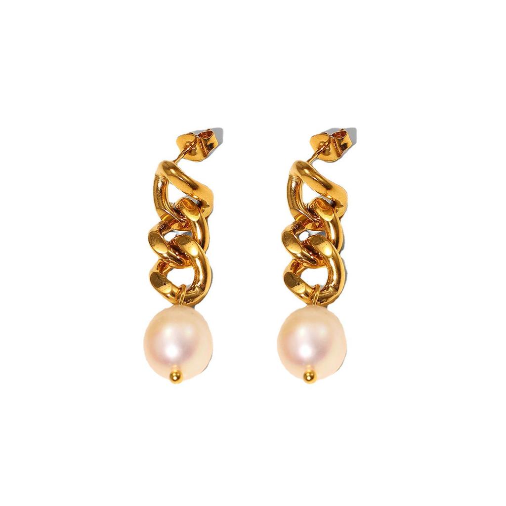 18K Gold Plated Baroque Pearl Dangle Earrings with Geometric Stainless Steel Cuban Chain for Women