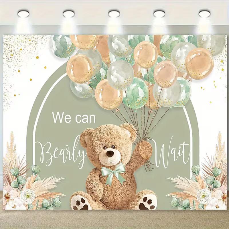 2D Flat We Can Bearly Wait Banner Greenery Teddy Bear Gender Neutral Background Cloth 47.2x31.5inch/120*80cm