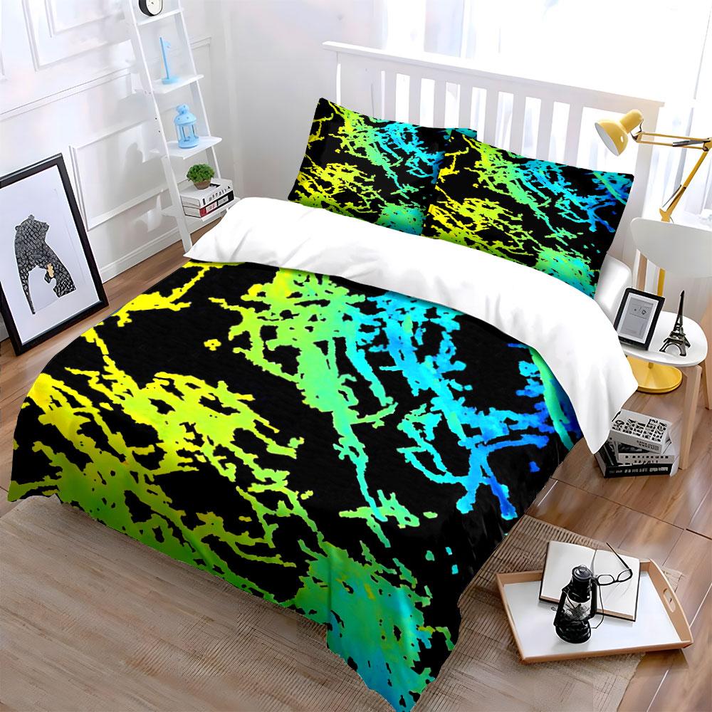 3Pcs Neon Camo Crack Bedding Set, Black Base Yellow Cyan Abstract Fragment Print 1 Duvet Cover 2 Pillowcases, Gift