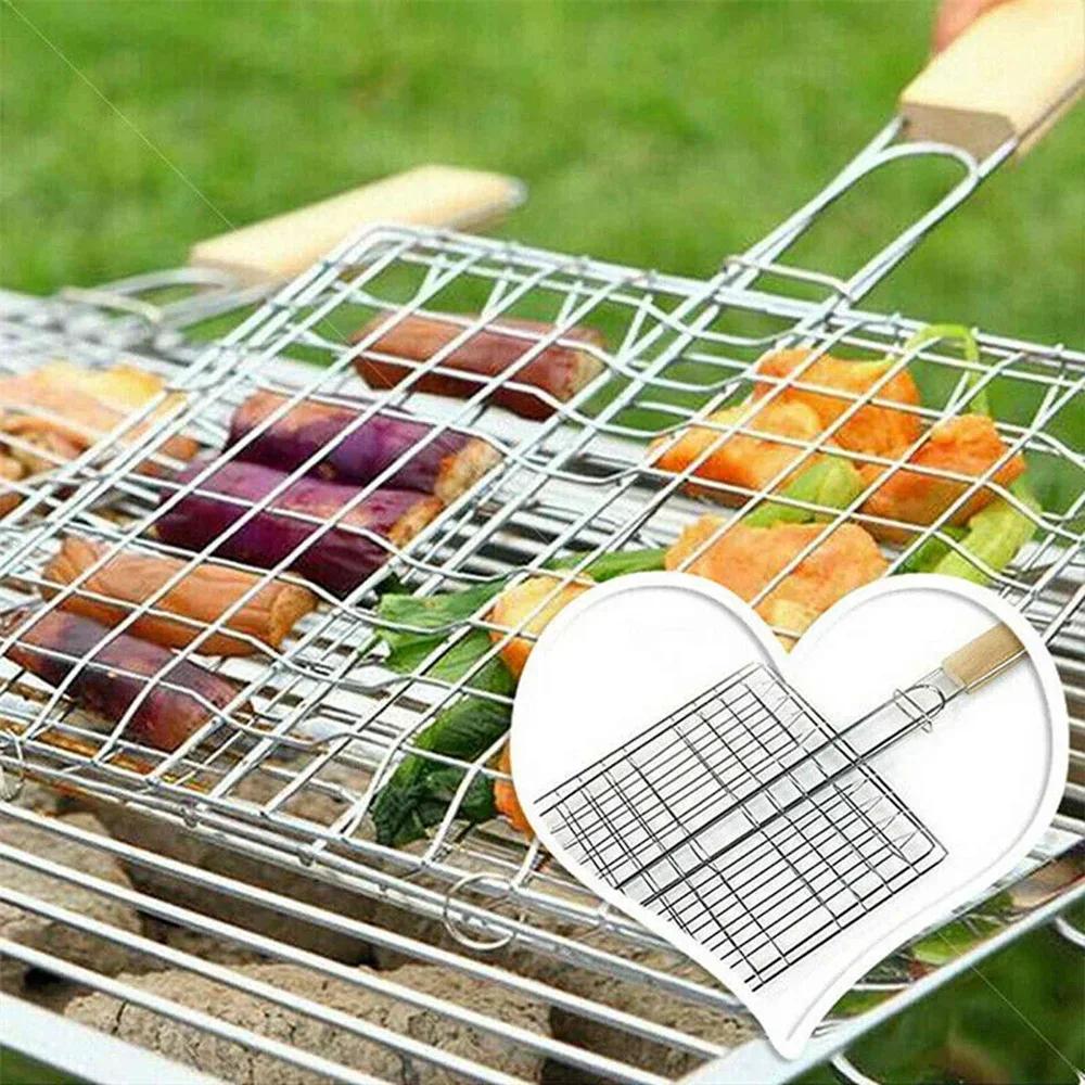 304 Stainless Steel Foldable BBQ Grill Basket Non-stick Wire Mesh for Fish Vegetables Outdoor Camping Party Travel