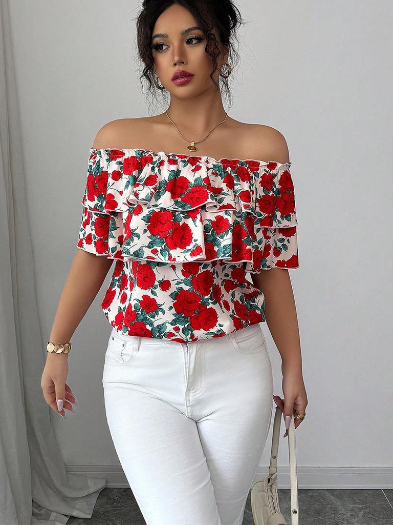 Camisa Oversize de Manga Corta y Un Hombro para Mujer, Estilo Vacaciones de Verano con Cuello Volante en Capas