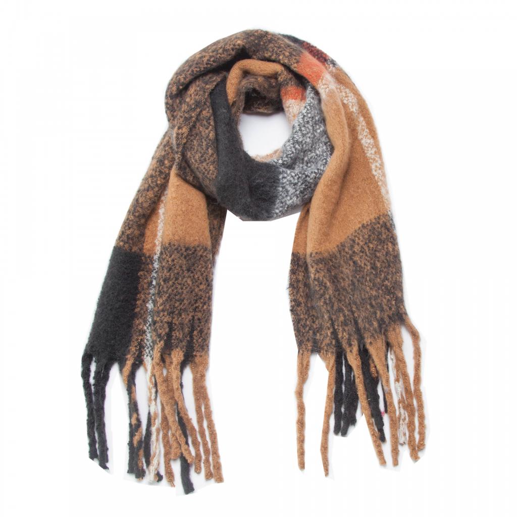 Autumn Winter Imitation Mohair Color Block Plaid Thick Fringe Scarf Shawl