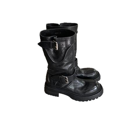 Leather Version Grape Ma Washed Horse Leather Kusa Round Head Buckle with Platform Knight Boots Women's Medium Tube Locomotive Boots