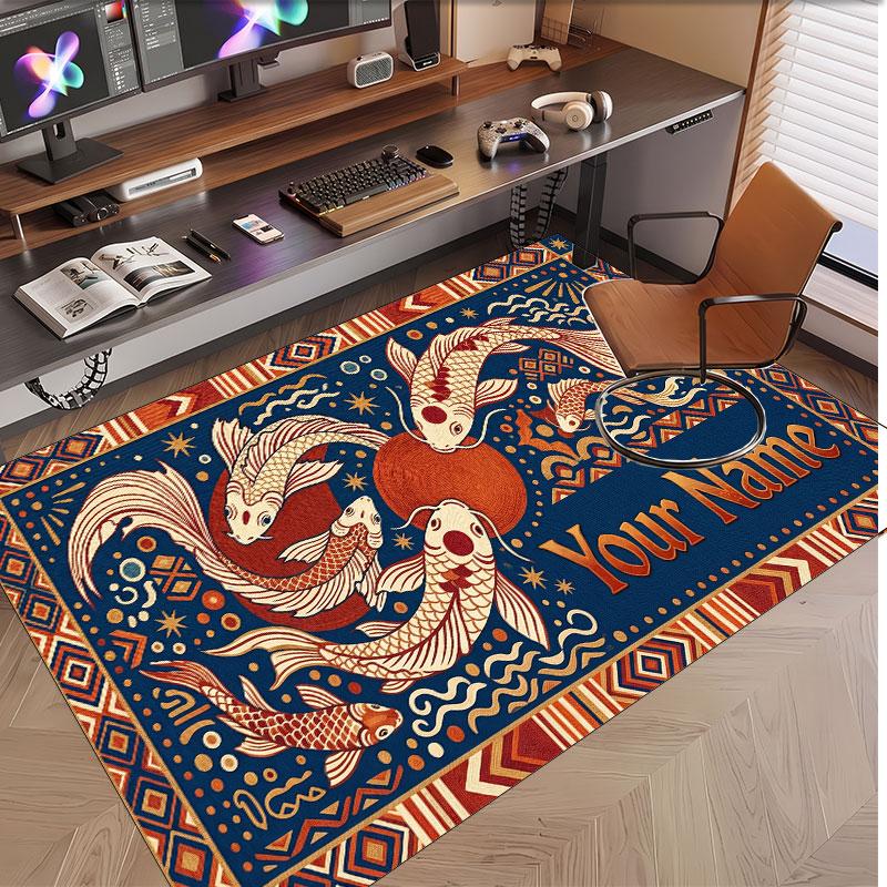Koi Fish Theme Soft Crystal Velvet Rug Custom Name & Text Print Non Slip Floor Rug for Bedroom Living Room